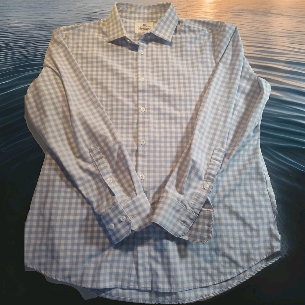 Mizzen + Main Dress Shirt Men's Large Blue Plaid Trim Fit Button Up 1158